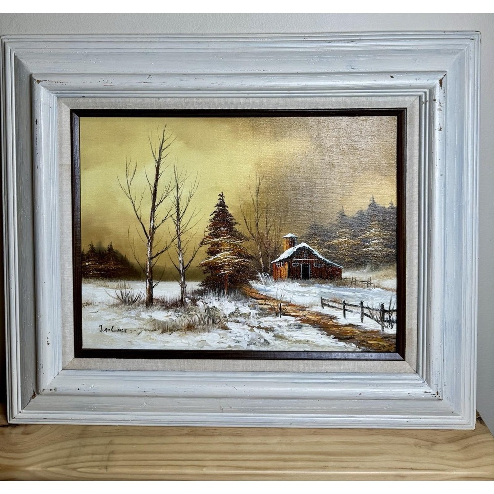Jan Laire Signed Original Oil Painting Winter Landscape Red Barn Impasto Framed